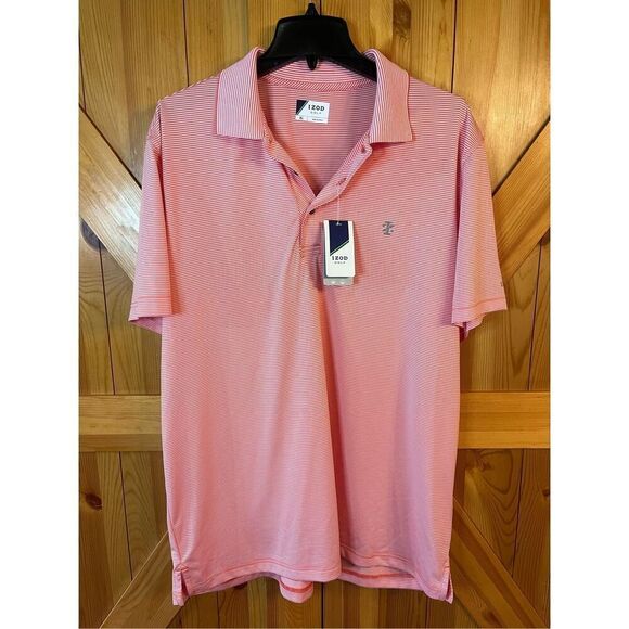 IZOD Golf Polo Shirt Men's Size XL Hot Coral Striped 1/4 Button up Short Sleeve - Picture 1 of 6